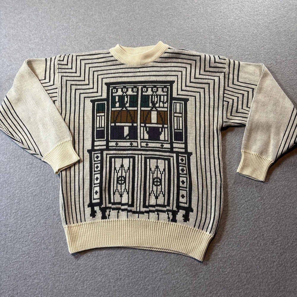 VTG Anchor Blue Geometric Men's Sweater Sz M White Black 100% Acrylic Unique